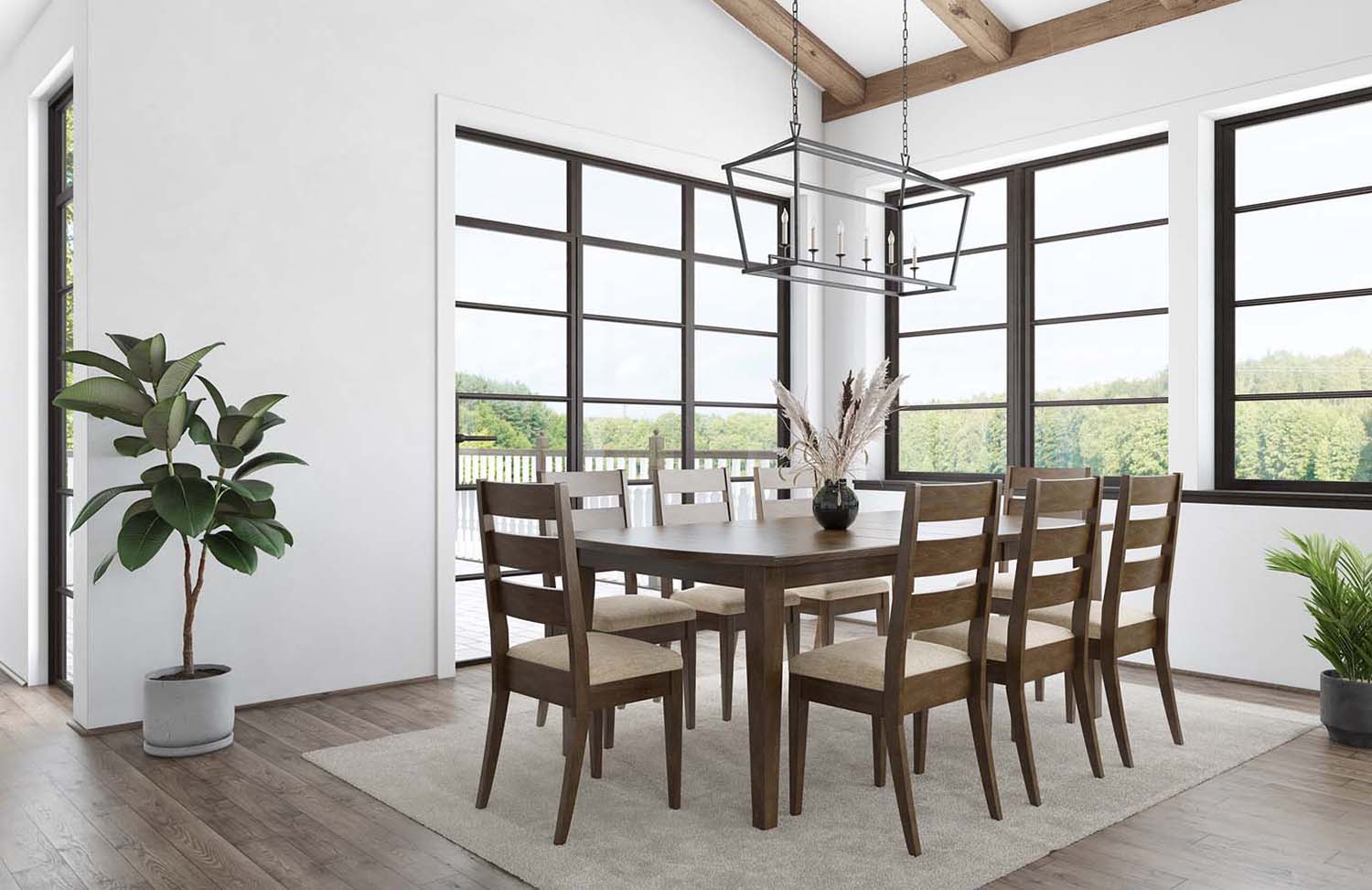 A long table sits in a brightly lit dining room. Eight chairs with horizontal slat backs and upholstered seats sit around it.