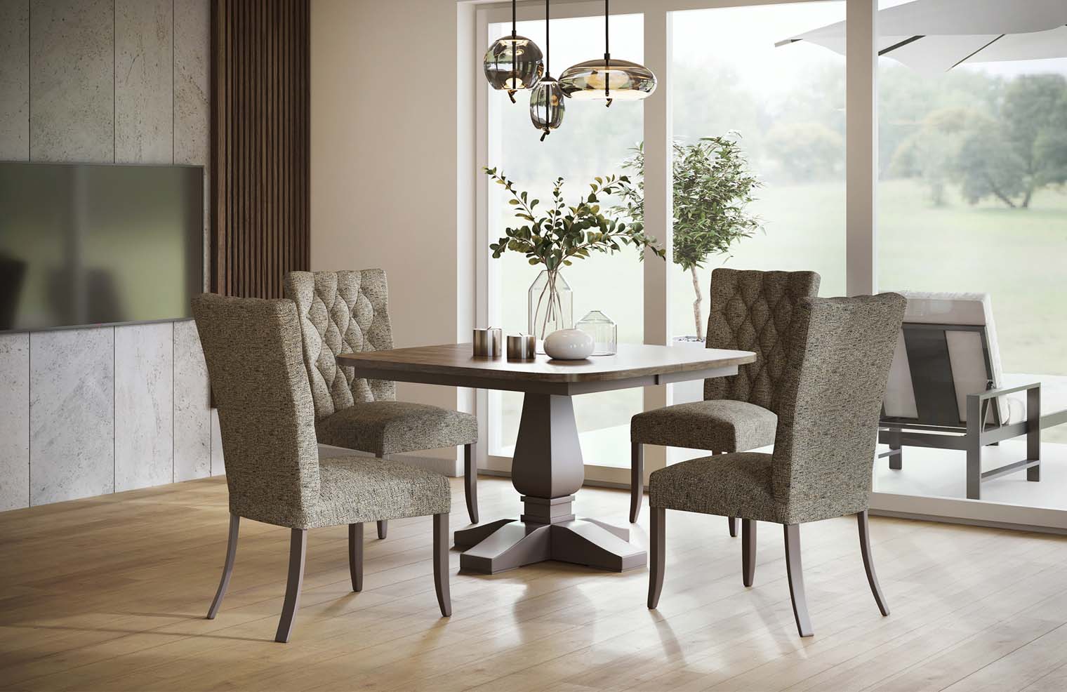 A pedestal table of dark wood is surrounded by 4 tufted sage green chairs.