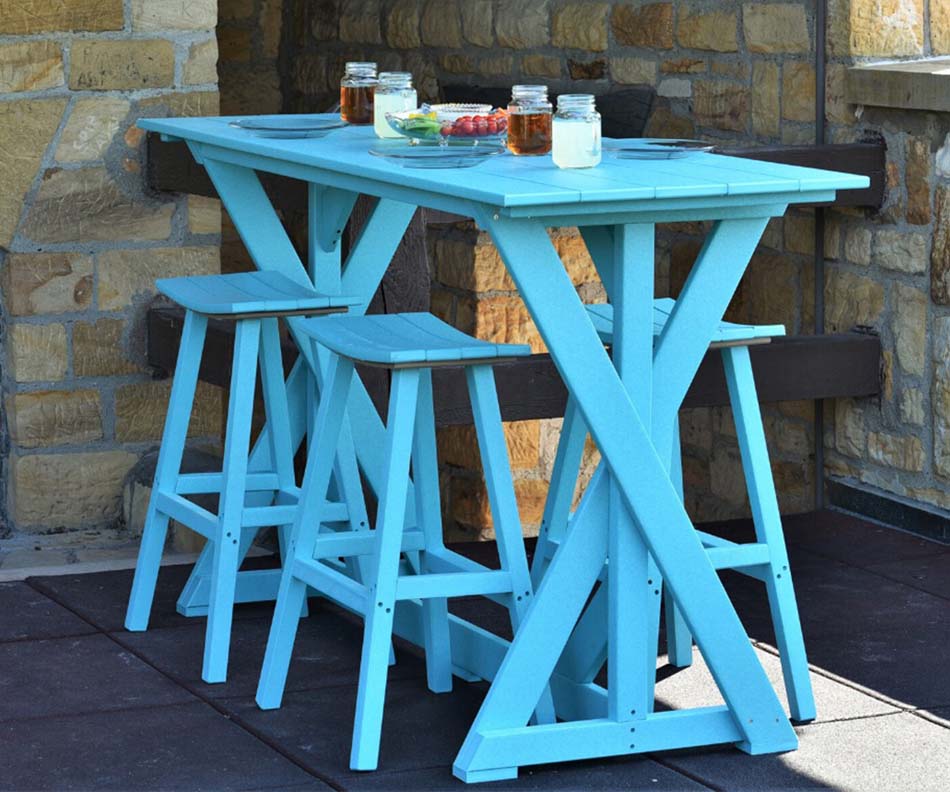 A photo of a tall, bright blue slatted table with crossed legs and four matching stools.