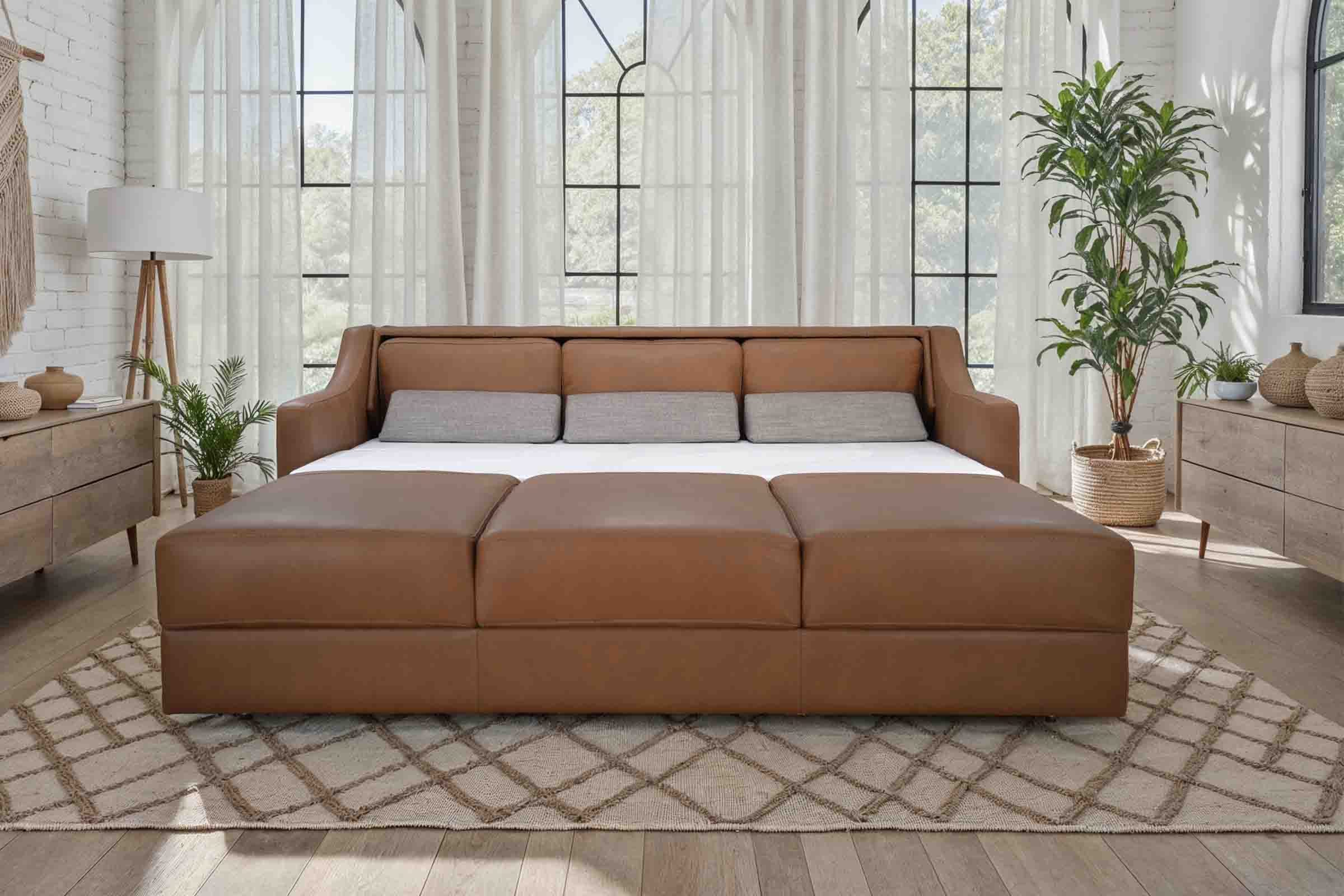 A long table sits in a brightly lit dining room. Eight chairs with horizontal slat backs and upholstered seats sit around it.