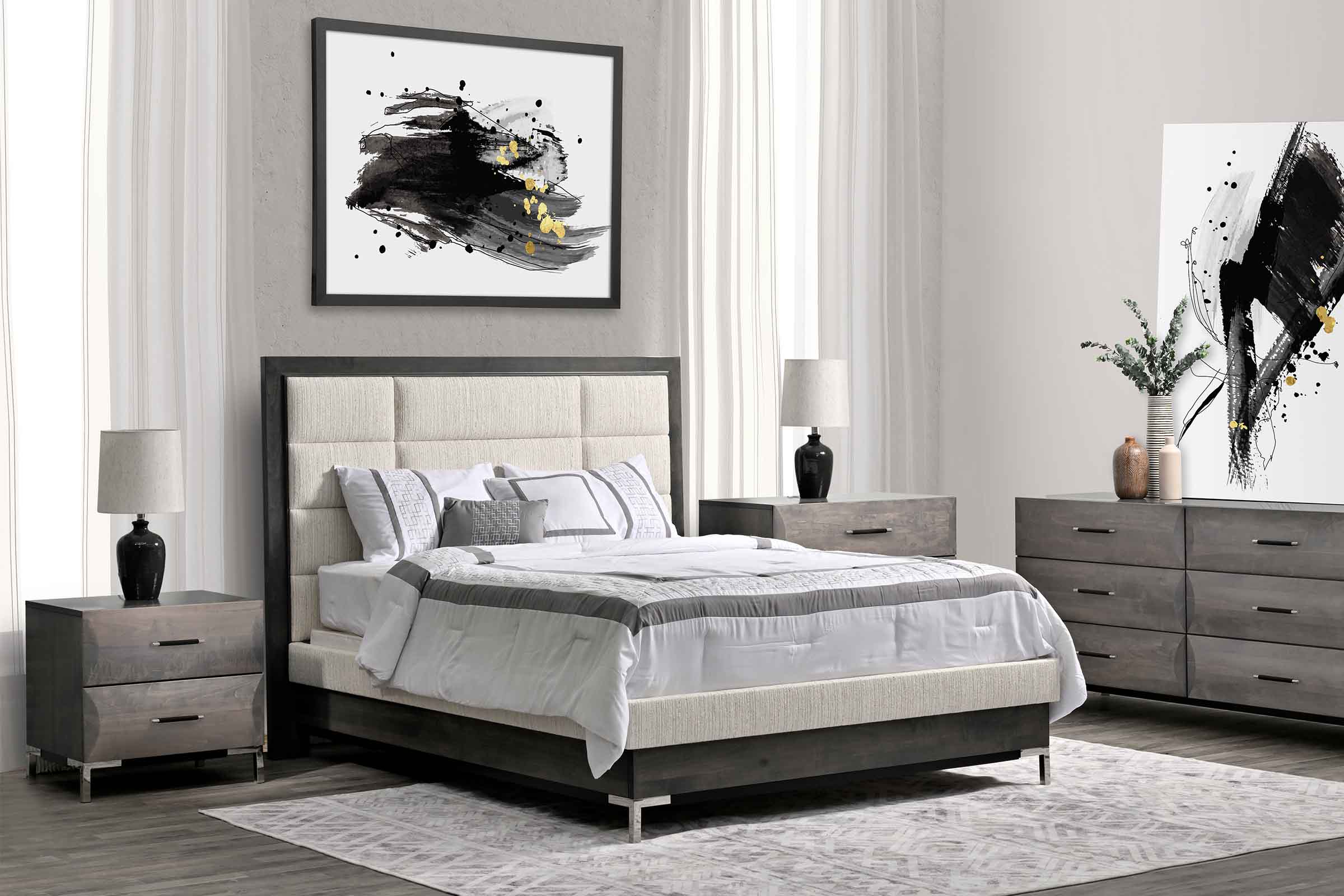 A plaid covered bed with a dusty brown wooden frame sits in a room with matching side table, dresser, and chest of drawers.