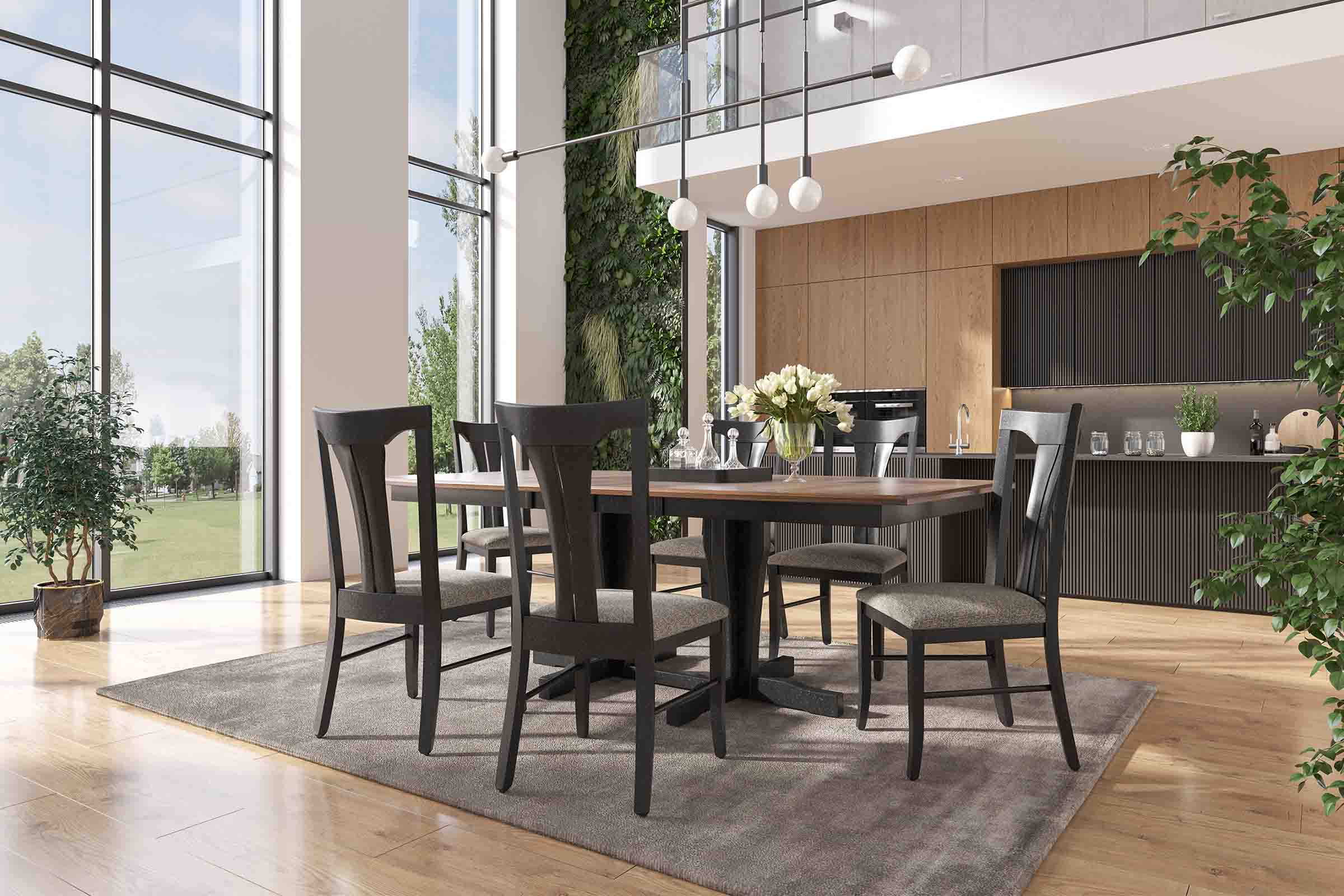 A dark stained wooden dining table with six farm style chairs is exhibited in a naturally lit dining room.